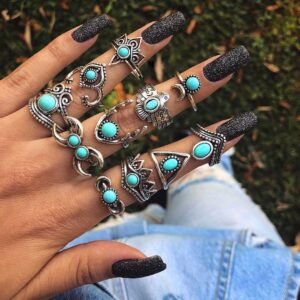 European and American retro personality exaggerated turquoise crescent owl 11 pieces alloy set ring