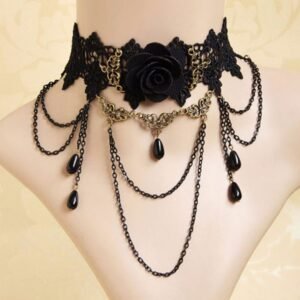 Black rose flower gemstone pendant necklace