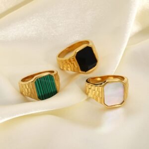 Fashion Stainless Steel Jewelry Lady Green Malachite White Shell Epoxy Rectangular Ring