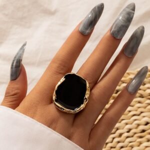 Tocona Bohemian Black Stone Ring for Women Charming Gold Color Alloy Metal Big Joint Ring Jewelry Gift Drop Shipping 16916